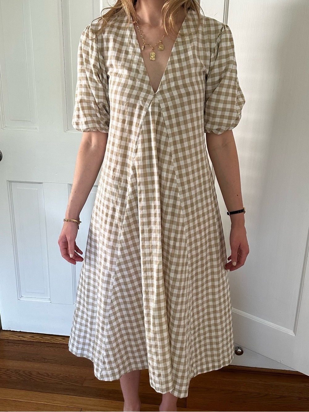 LJC Designs Gingham Puff Sleeve V-Neck Midi Dress size XS